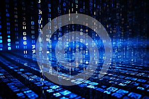 Pixelated data stream, binary code and encryption concept on digital interface with glowing dots