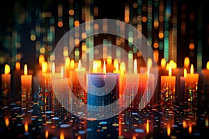 Pixelated data stream, binary code and encryption concept on digital interface with glowing dots