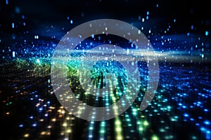 Pixelated data stream, binary code, and encryption concept on digital interface with glowing dots