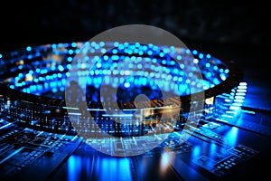 Pixelated data stream with binary code and encryption concept on digital interface with glowing dots