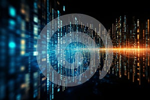 Pixelated data stream and binary code encryption concept on digital interface with glowing dots
