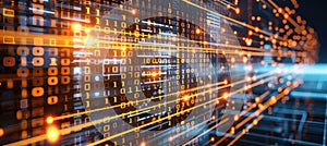 Pixelated data stream on digital interface with binary code and encryption concept, glowing dots