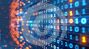 Pixelated data stream, red and blue dots on digital interface, binary code encryption concept.