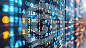 Pixelated digital data stream with binary code encryption concept and glowing red and blue dots.