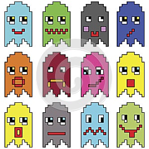 Pixelated emoticons inspired by 90's vintage video computer games showing vary emotions with stroke