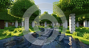 Pixelated Forest Scene with River and Bridge