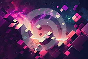 Pixelated galaxy with blocky shapes and gradients in a purple-pink color scheme