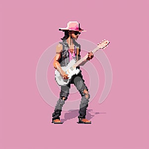Pixelated Guitarist: Dark Pink Piratepunk Illustration In Oil Portrait Style