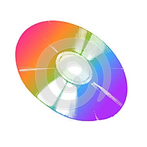 Pixelated halftone CD disc. Vector trendy y2k of laser disc icon formed of spheric elements in rainbow colors.