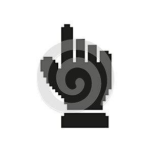 Pixelated Hand Cursor Icon. Digital Navigation And User Interface Interaction Symbol. Retro Style Pointer For Web Design