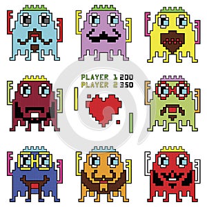 Pixelated hipster robot emoticons with simple hitting ball game with a heart shape inspired by 90's computer games showing