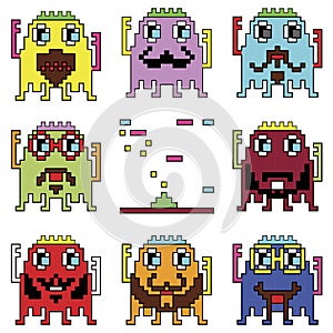 Pixelated hipster robot emoticons with simple with shooting spaceship element inspired by 90's computer games showing different e