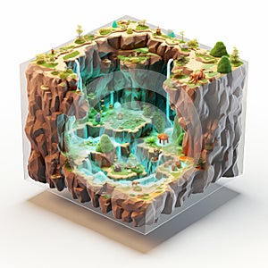 Pixelated Landscape: 3d Render Of A Cave With Island