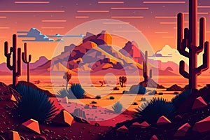 Pixelated landscape with blocky shapes and gradients in a desert color scheme