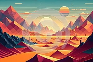 Pixelated landscape with blocky shapes and gradients in a desert color scheme