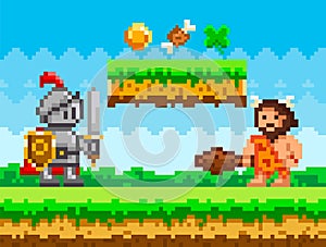 Pixelated natural landscape with warrior holding shield and sword fighting against caveman with club