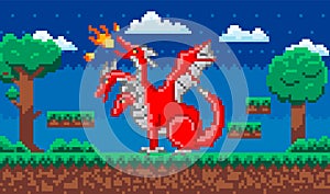Pixelated red dinosaur with wings breathes fire in nature landscape at night. Art app pixel-game