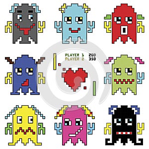 Pixelated robot emoticons 1 shooting spaceship element inspired by 90's computer games showing different emotions