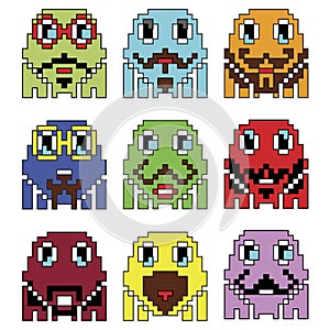 Pixelated robot Hipster 2 emoticons inspired by 90's vintage video computer games showing vary emotions with stroke