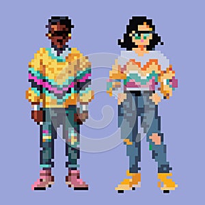 Pixel art illustration with isolated people for graphic design. Fashion style outfit. Pixelated stickers 90s, Retro trend 70s