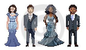 Pixel art illustration with isolated women and men. People wear the evening gown Fashion style. Pixelated stickers 90s, Retro