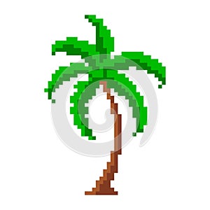 Pixelated tropical palm. Green large leaves with brown curving pixel trunk