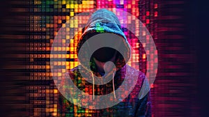 Pixelated unrecognizable hooded cyber criminal. AI generative