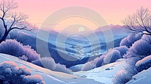 Pixelated Winter Sunrise Over Snowy Mountains