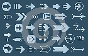 Pixeleted retro arrows. 8 bit navigation cursors, pixel game UI elements, retro 90s app icons. Vector square pointer symbols