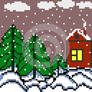 Pixels house and the forest winter landscape vector illustration