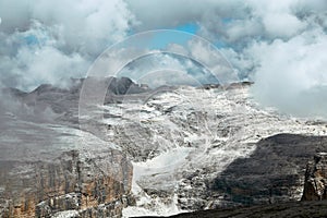 Piz BoÃÂ¨ lunar dolomite cloudy panorama, Sellaronda UNESCO, Trentino photo