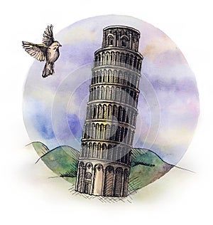 The Piza tower watercolor hand drawing, famouse arhitectural buillding isolated