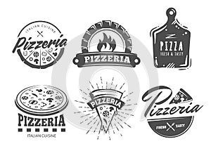 Pizzeria logos. Set of vector badges with pizza photo