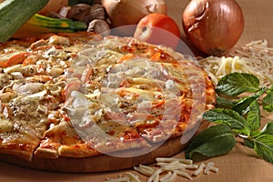 Italská pizza s kuřecím masem a zeleninou toping.