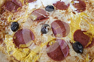 pizza abi - tomato sauce, cheese, salami, egg, olives with on wooden table