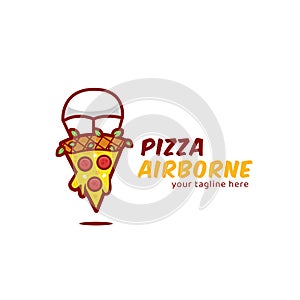 Pizza airborne logo illustration, slice of pizza parachuting logo icon for pizzeria business