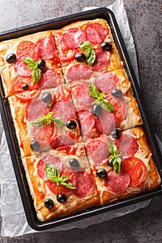 Pizza al Taglio with cheese, sausage, olives and tomatoes closeup on the tray. Vertical top view photo