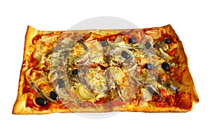 Pizza with anchovies, bulbs and chili