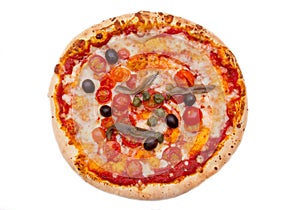 Pizza with anchovies and olives from above