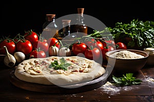 Pizza art, The process of making, Raw dough for pizza with ingredients and spices on table.