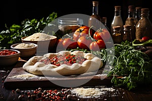 Pizza art, The process of making, Raw dough for pizza with ingredients and spices on table.