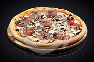 Pizza with assorted meat and tomatoes