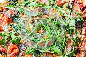 Pizza background. Fresh tasty meat pizza with cheese, tomatoes, beef, pork and ruccola. Macro close up pizza image