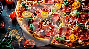 pizza background, italian pizza on the table, close-upo of a pizza, sliced pizza