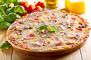 Pizza with bacon and mushrooms