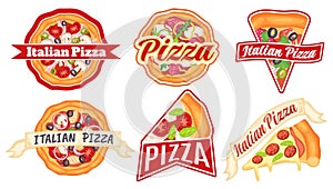 Pizza badges. Italian food restaurant label, pizzeria badge and pizza slice vector illustration set