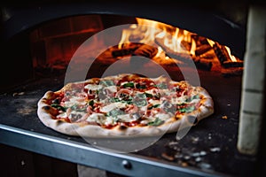 a pizza baking in a wood-fired stove