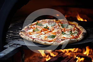 a pizza baking in a wood-fired stove