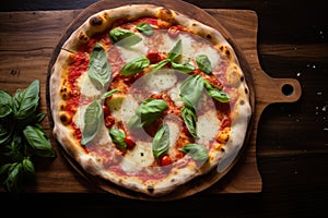 Pizza with basil, cheese and tomatoes on wood background