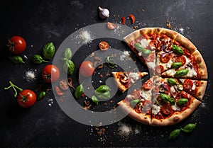 Pizza on black concrete background. Top view. AI